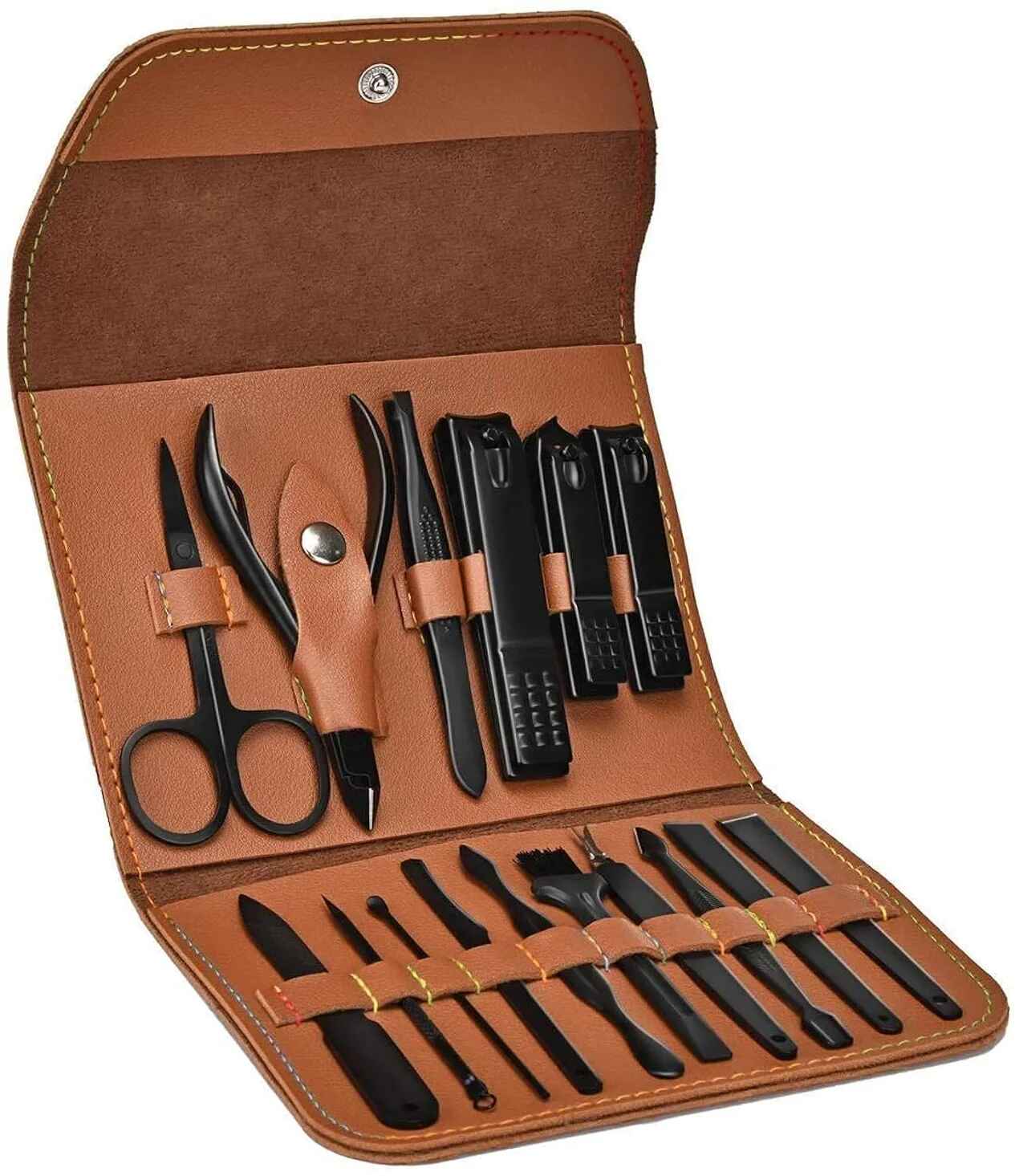 Black Manicure and Pedicure Set in Tan Snap Case